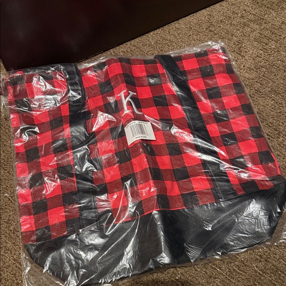 NWT Red & Black Buffalo Plaid Tote Bag with Black Trim with “K”